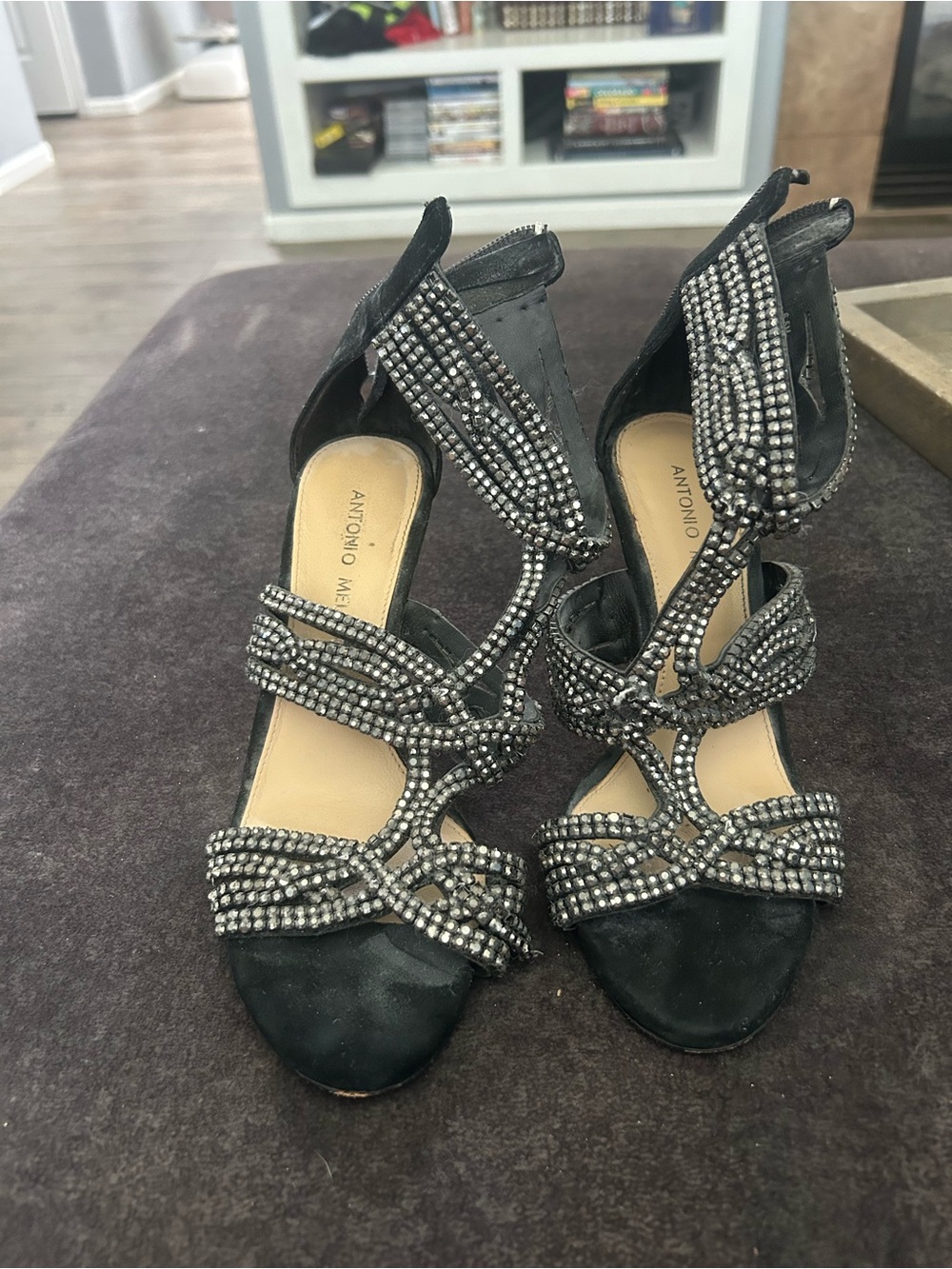 ANTONIO MELANI Black Crystal-Strap Evening Heels